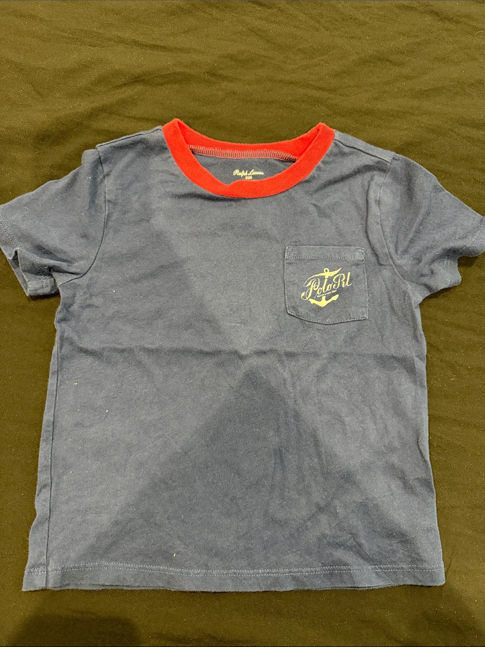 Ralph Lauren Navy Tee with Red Collar and Yellow Pocket Logo